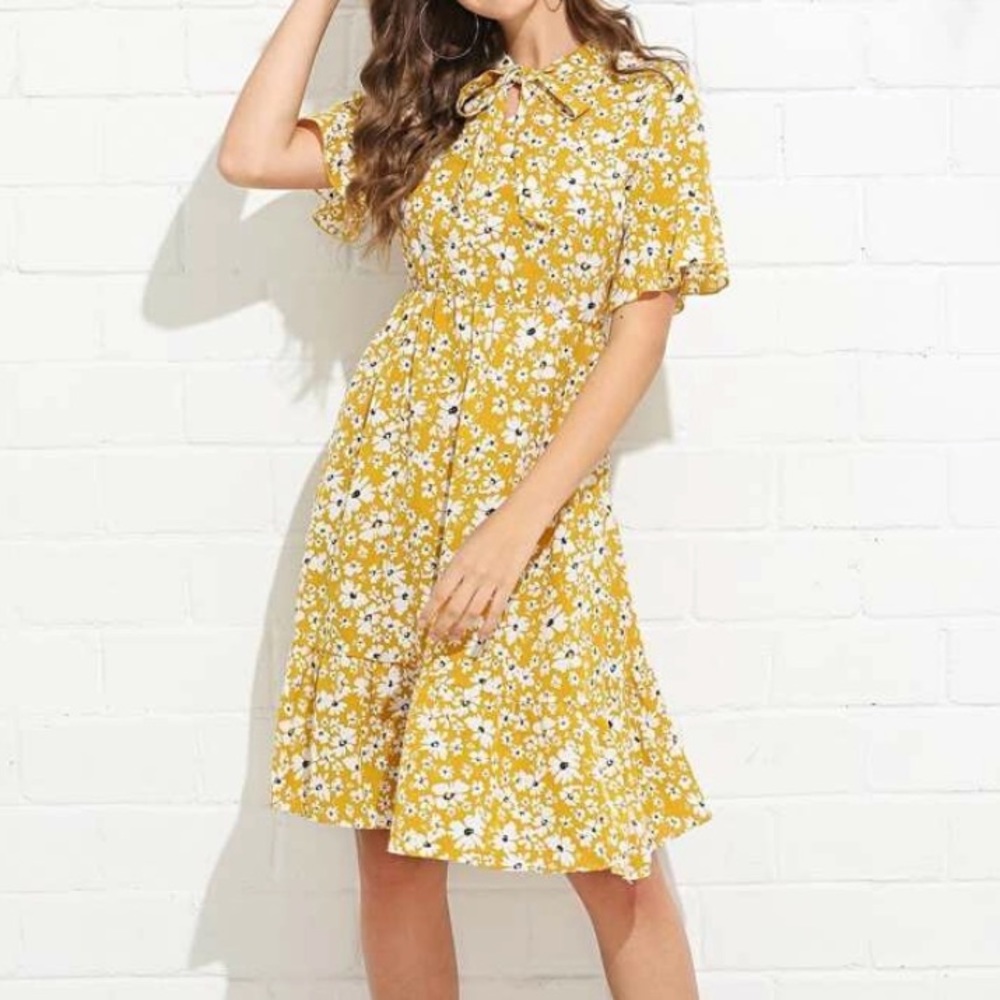 Yellow floral high neck bow dress & ruffle sleeves